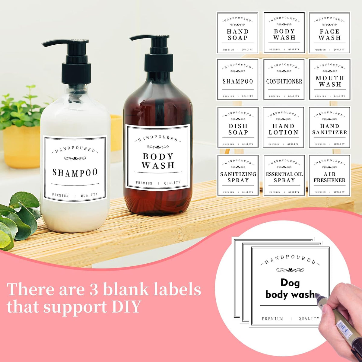 HVSWLY 27PCS Waterproof Lables for Bottles, Bathroom Hand Soap Shampoo and Conditioner Dispenser Label Stickers, Removable Bottle Labels for Mouthwash Body Lotion, with 3 Blank Labels (White)
