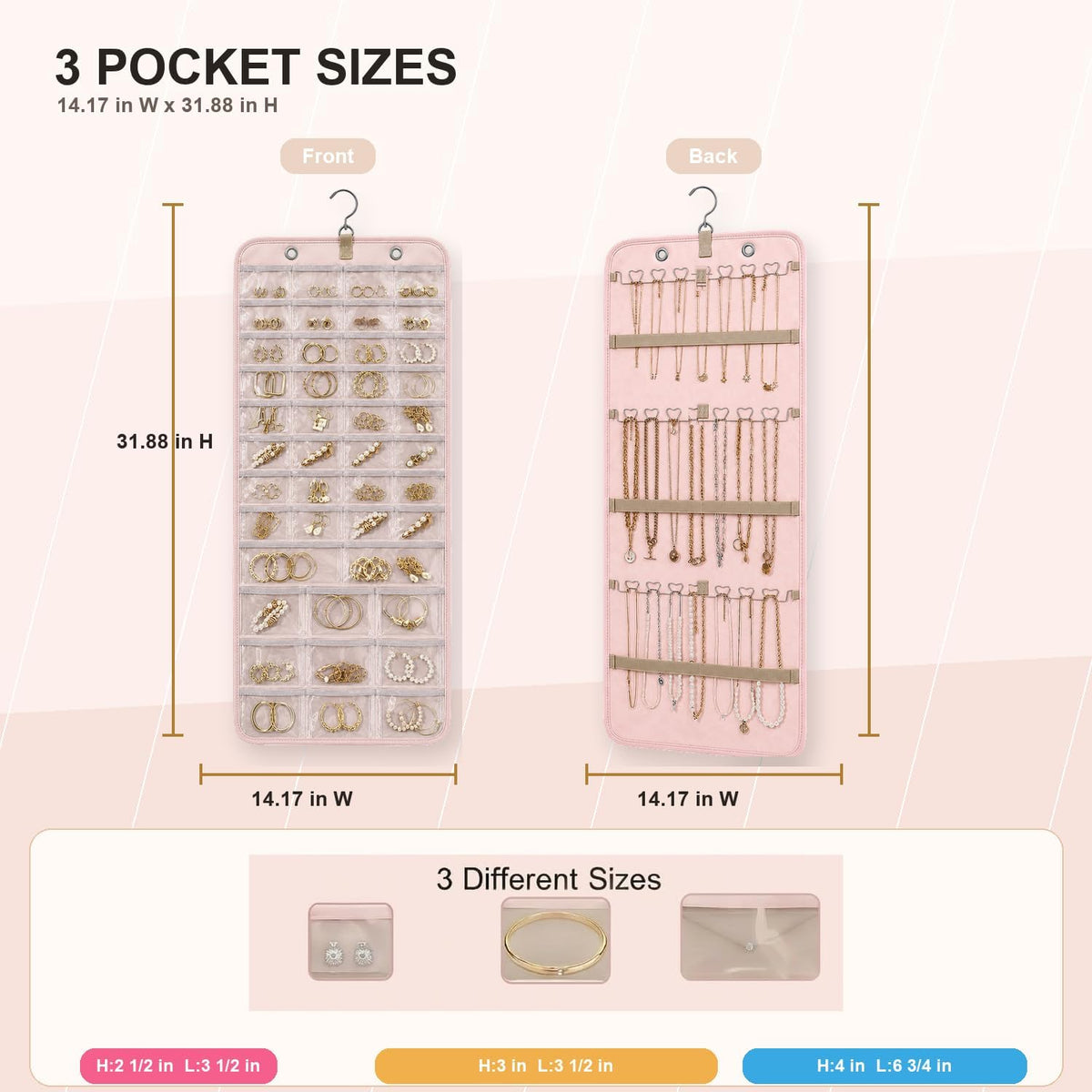 Hanging Jewelry Organizer, Dual-Sided Necklace Holder with Multiple Clear Pockets - Wall Mount & Over The Door Closet Storage for Earrings, Rings, Bracelets - 360° Rotating Hanger (1, pink, XL)