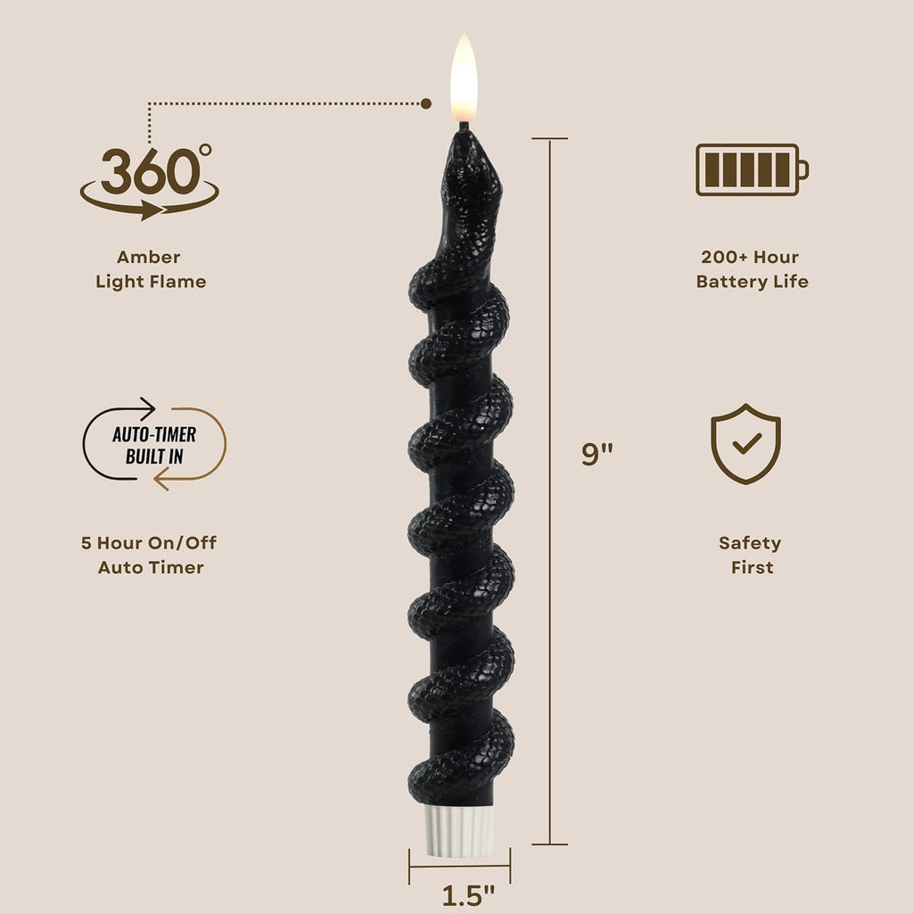 LumiPur Signature Collection Natural Glow Flickering Flameless LED Wax Taper Candle 1" x 9" (Snakes - Black, 2-Pack)