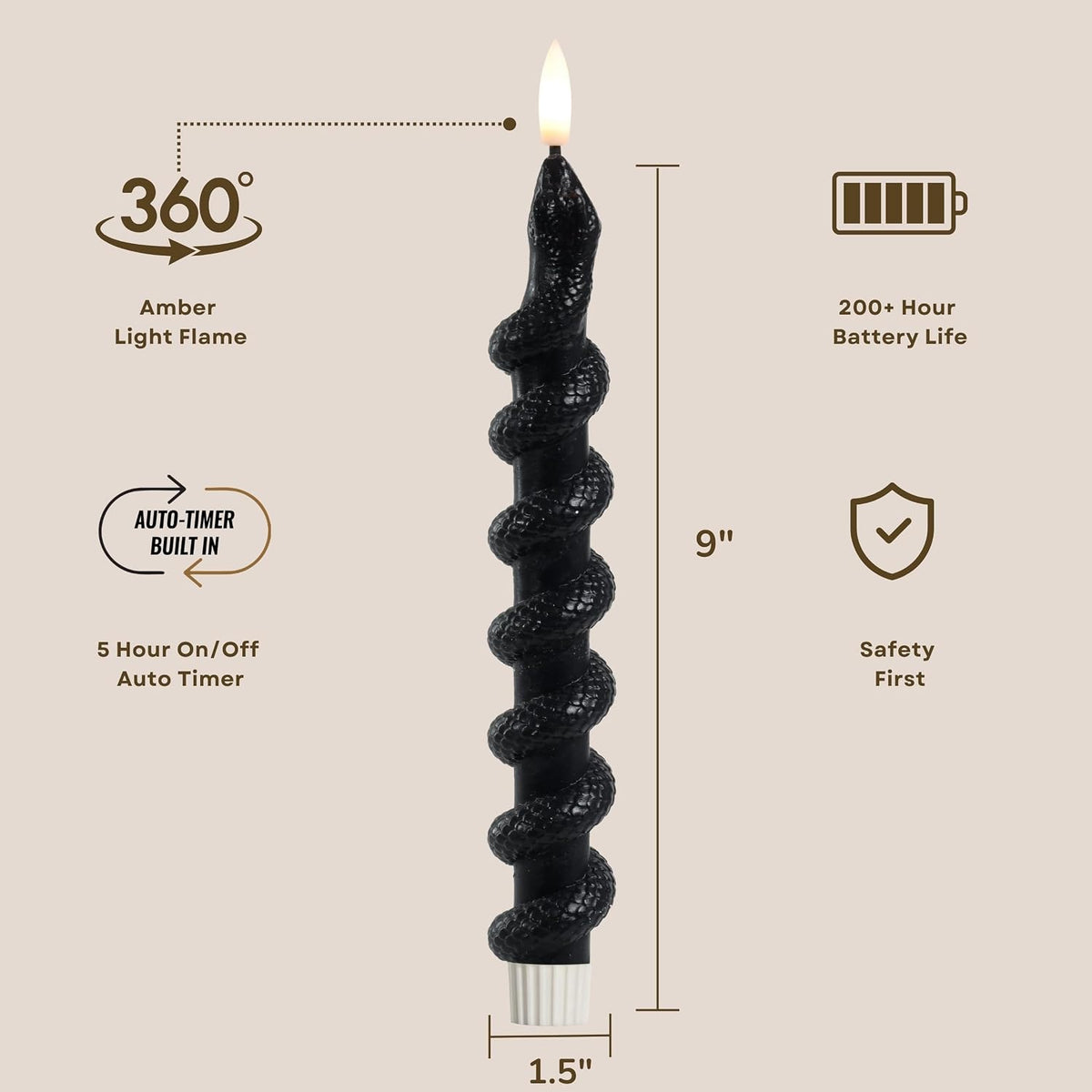 LumiPur Signature Collection Natural Glow Flickering Flameless LED Wax Taper Candle 1" x 9" (Snakes - Black, 2-Pack)