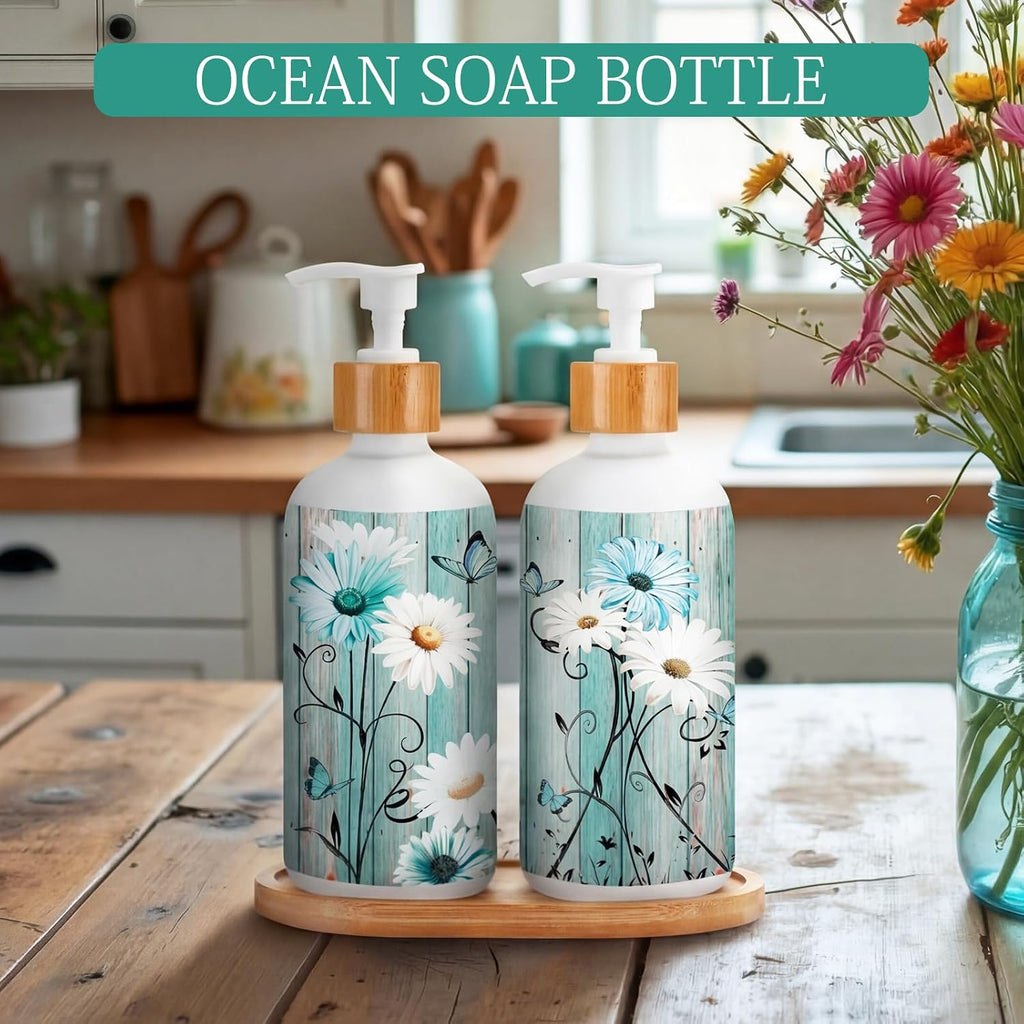 Potchen 2 Pack Glass Soap Dispenser Set Bathroom Decor Housewarming Gift Glass Soap Dispenser with Pump Wood Tray Home Decoration for Kitchen Bathroom (Teal Daisy)