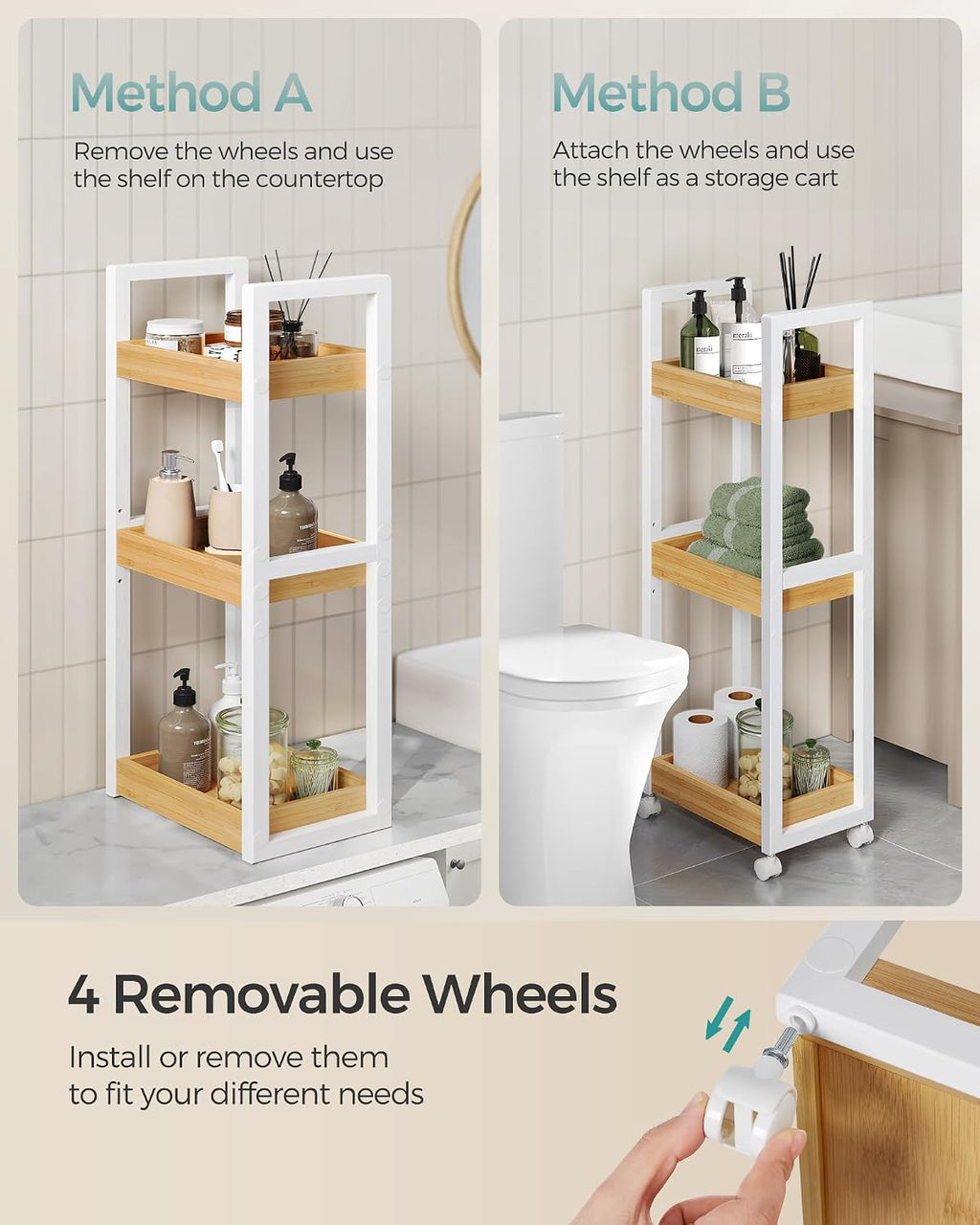 SONGMICS Bamboo Bathroom Shelf, 3-Tier Adjustable Plants Rack