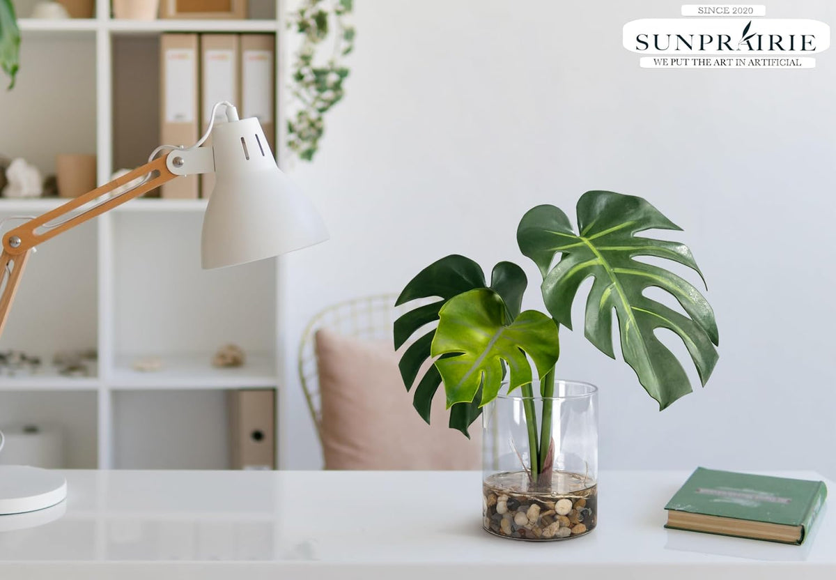SUNPRAIRIE Realistic Artificial Plant in Clear Pot with Artificial Water, Broad Monstera Leaves. Faux Plants Indoor and Outdoor.