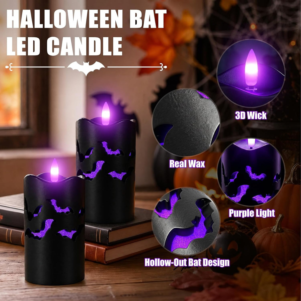 Halloween Flameless Pillar Candles with Bat Cutouts, Remote Control, 2 Pack