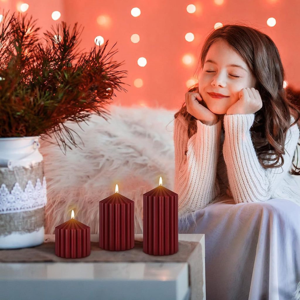 Set of 3 Christmas Ribbed Pillar Candles Soy Wax, 3 Heights, Dark Red
