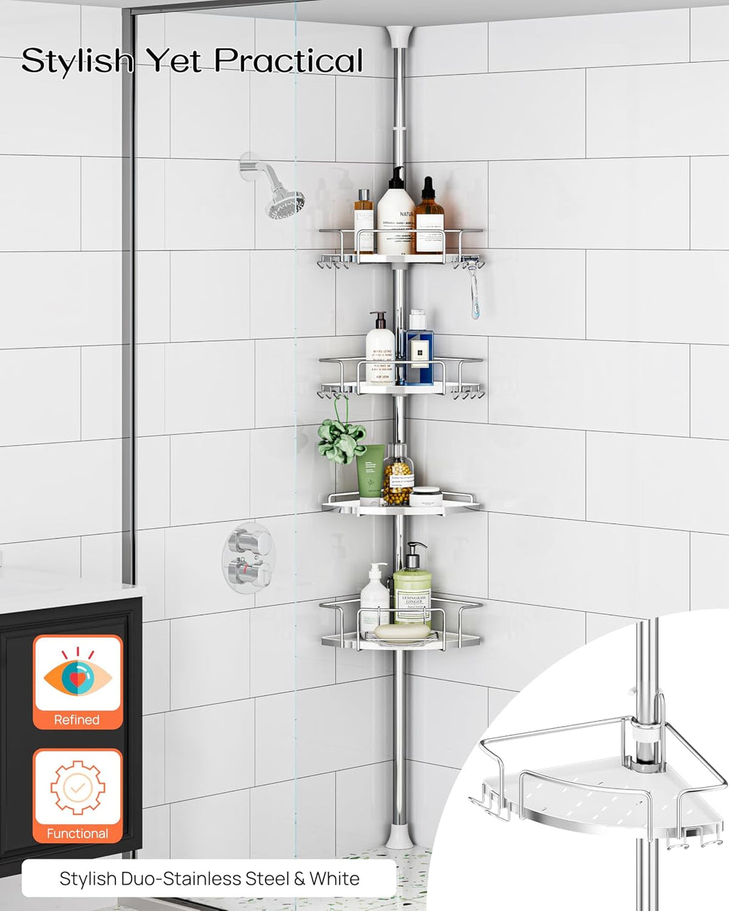 ALLZONE Two-Tone Corner Shower Caddy Tension Pole for Bath Shampoo Storage