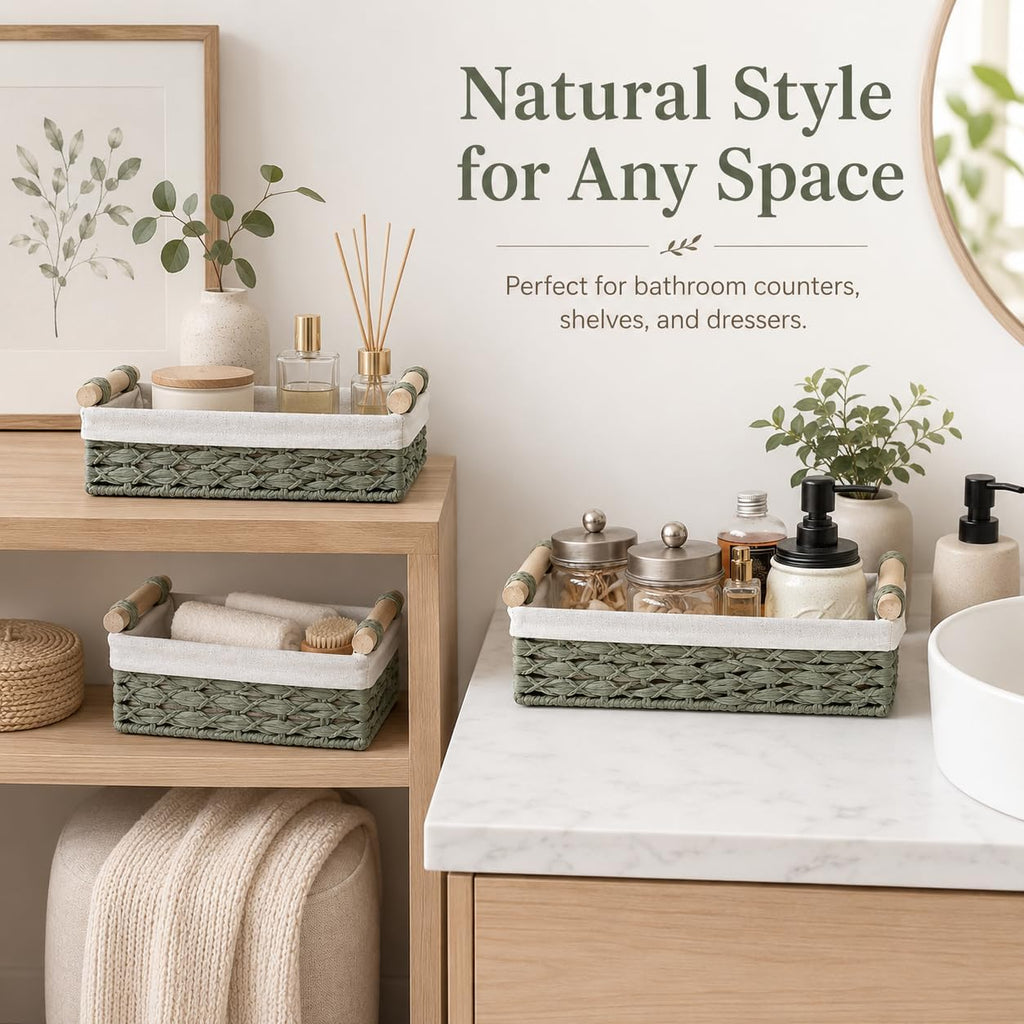 Sage Green Bathroom Baskets Set of 2, Paper Rope, Wood Handles