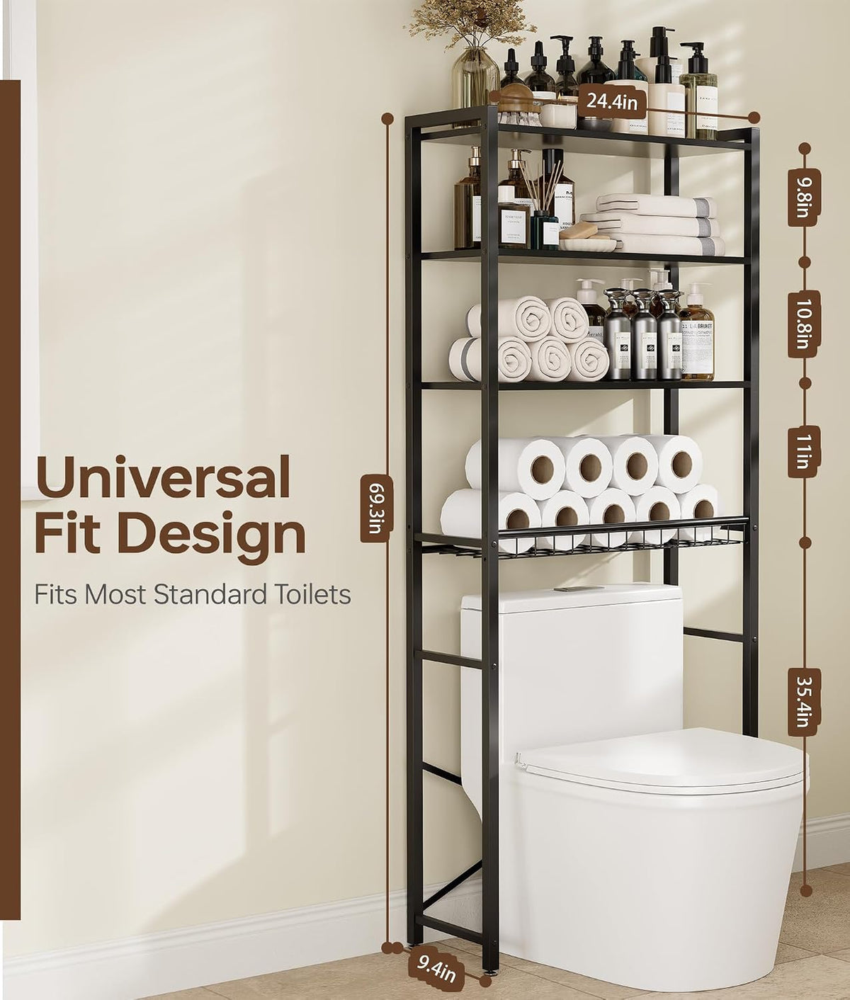 4-Tier Over-the-Toilet Storage Rack with One-Piece Wooden Shelves & Open Net Basket, Bathroom Organizer with Adjustable Feet & Anti-Tip Kit, Space-Saving Toilet Shelf, Black, 24.4" x 9.4" x 69.3"
