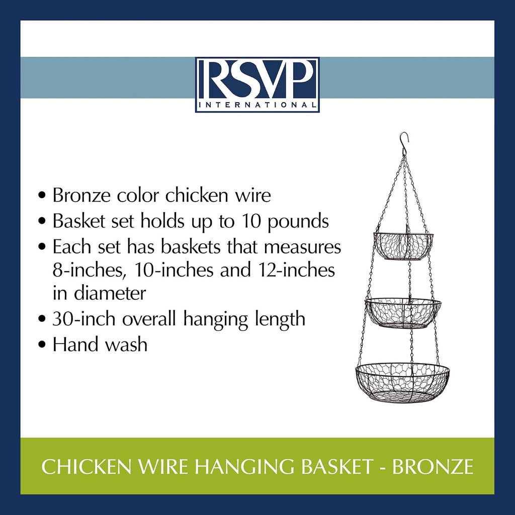 RSVP International Hanging Storage Collection 3-Tier Baskets, Bronze Chicken Wire
