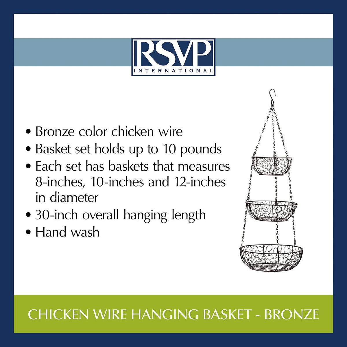 RSVP International Hanging Storage Collection 3-Tier Baskets, Bronze Chicken Wire