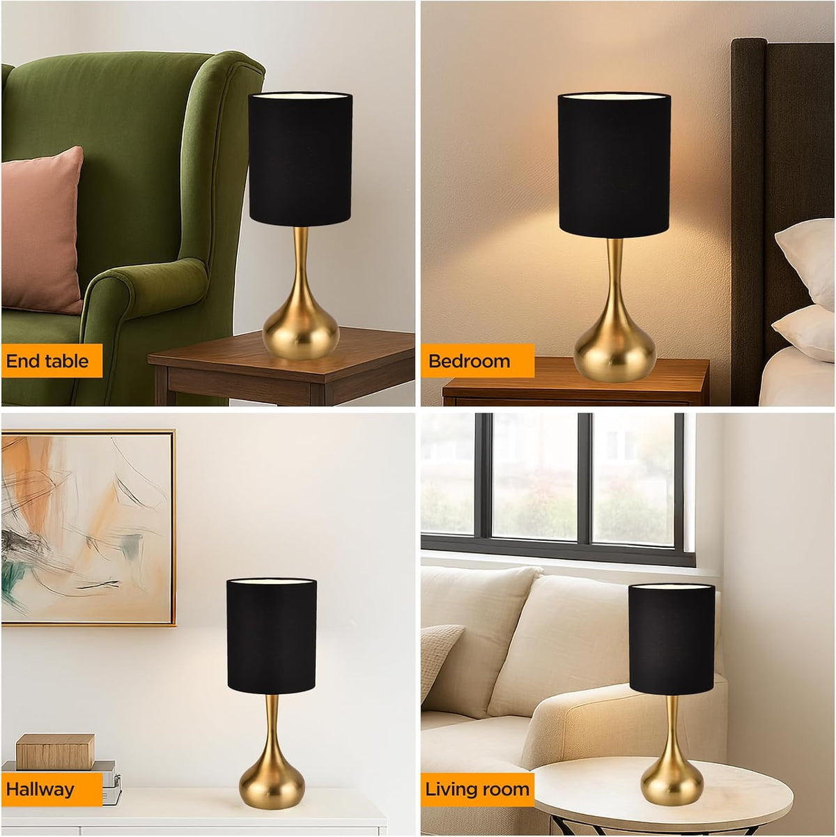 KUNJOULAM Modern Table Lamp, 17.3" Small Desk Light with Brass Metal Droplet Base, Black Cylinder Linen Drum Shade, Nightstand Lamp for Bedroom Living Room Nightstand Office