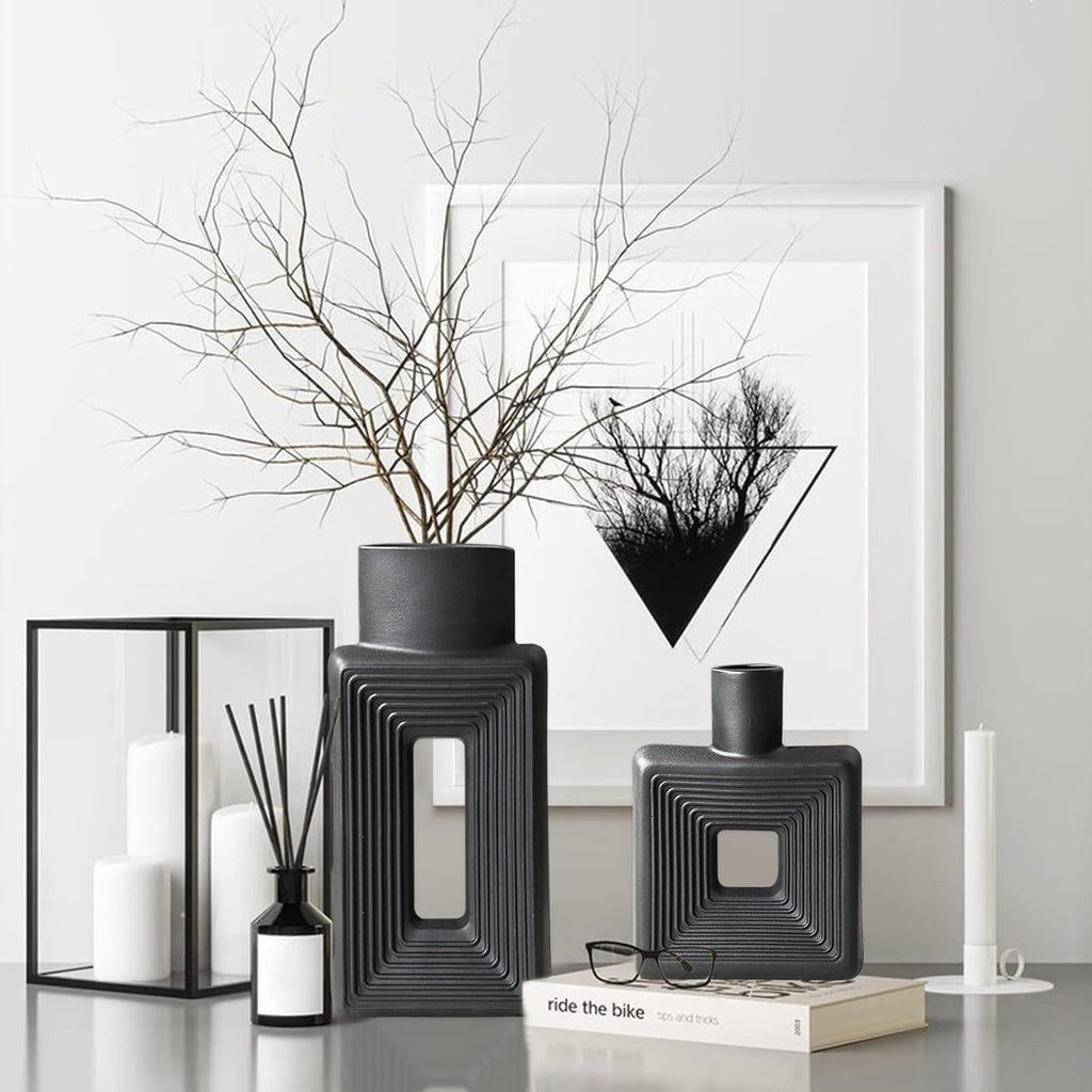 Black Ceramic Vase Set of 2，Square Vase Rustic Home Decor Minimalist Nordic Boho Style for Living Room, Shelf, Table, Bookshelf, Mantel and Entryway Decor Vases