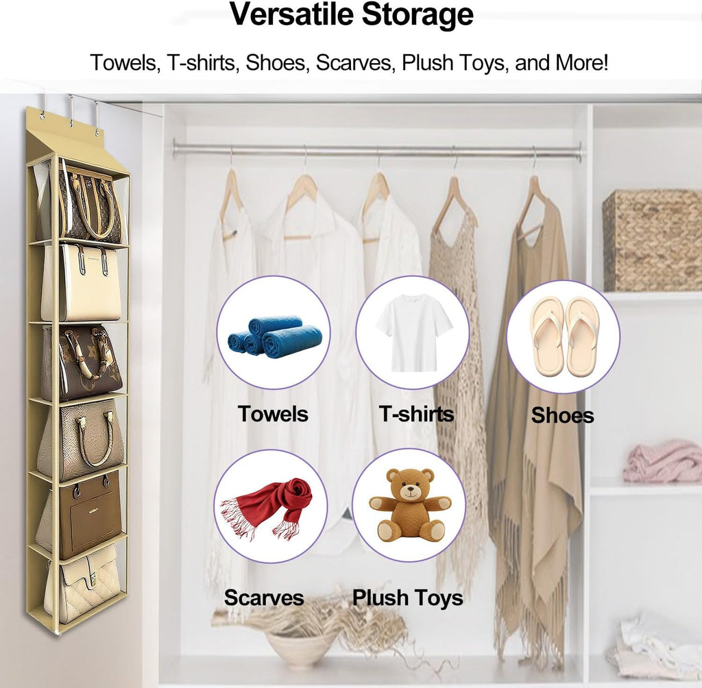 Lirex Over The Door Purse Organizer & Purse Shelf for Closet – Handbag Storage Organizer with Purse Hanger. Perfect for Scarves, Hats, and Leggings. S (11.8'' x 5'' x 51.6''), Khaki