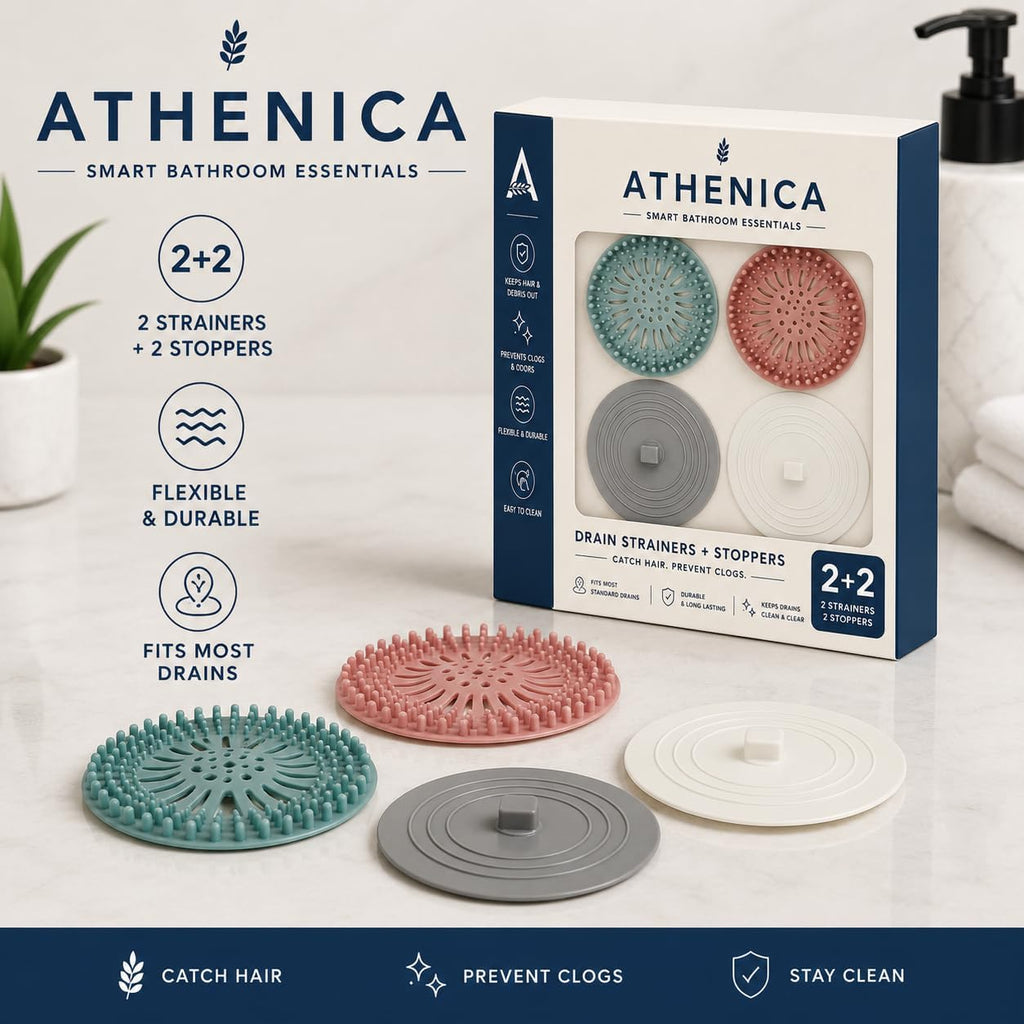 Athenica Silicone Shower Drain Hair Catcher and Tub Stopper, for Bathroom, Kitchen, and Laundry, 4 Pack