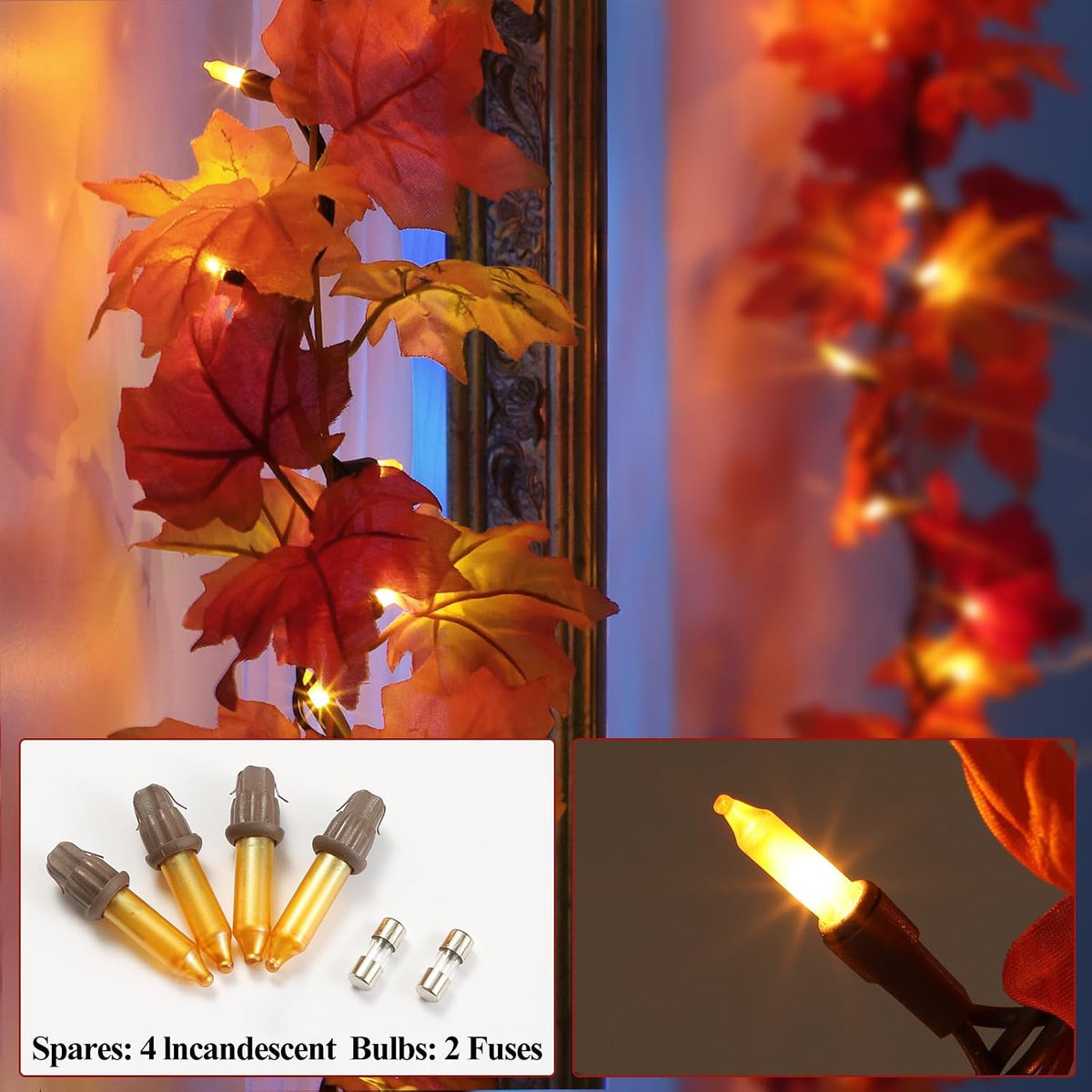 Thanksgiving Decorations Fall Maple Leaf String Lights 9FT Maple Leaves Lights 50 Orange Bulbs Lighted Fall Leaf Garland Lights Lighted Fall Garland Lights Halloween Fall Lights Indoor Outdoor