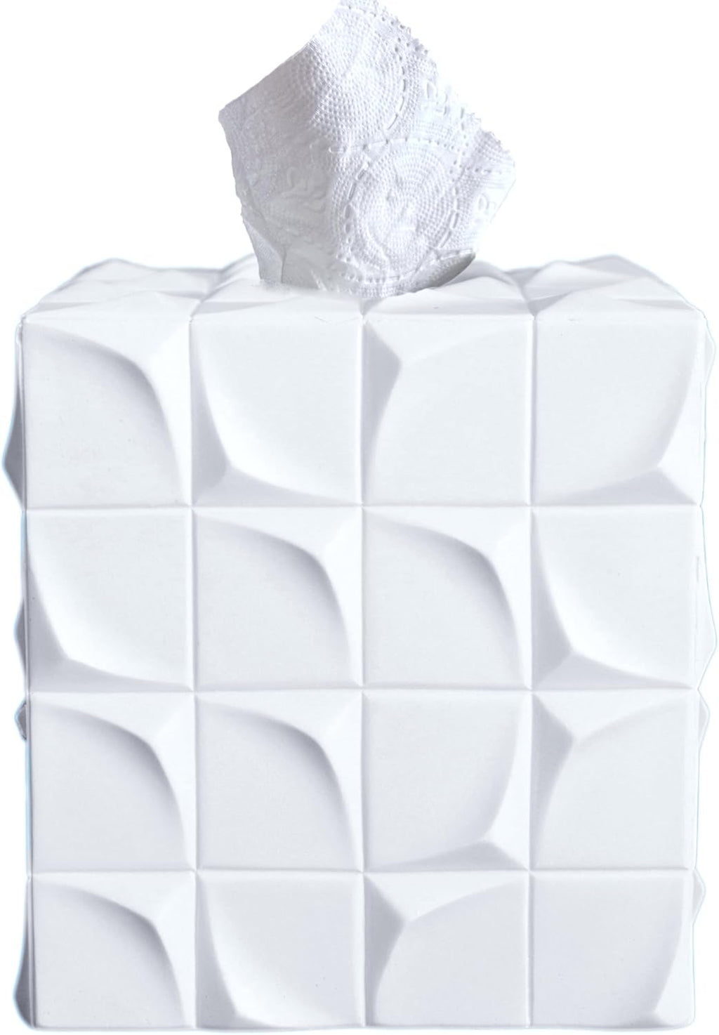 Square Tissue Box Cover Decorative Kleenex Box Holder for Bathroom & Living Room with Handcrafted Texture (White)