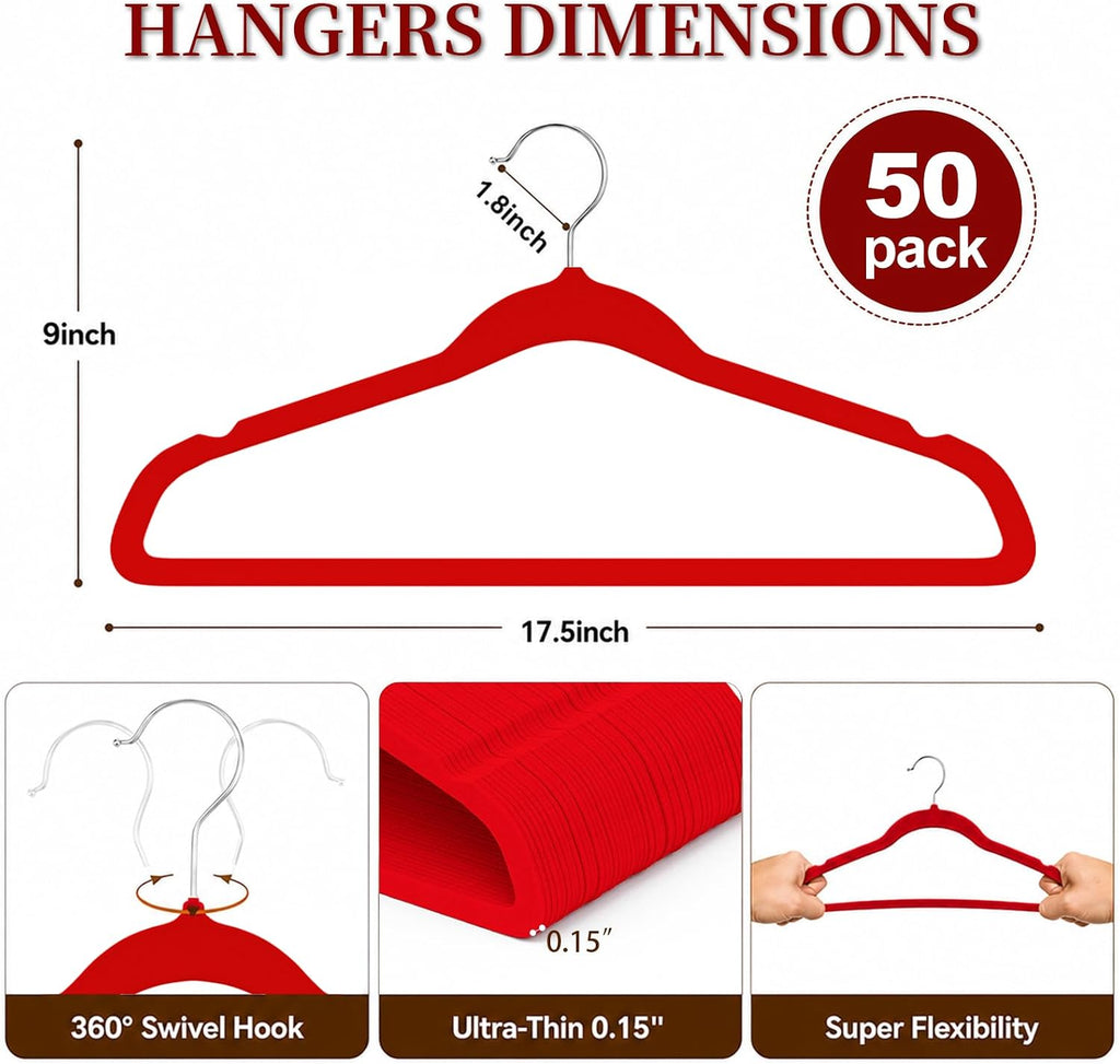Velvet Felt Hangers 50 Pack, Non Slip, Slim, Space Saving, Red