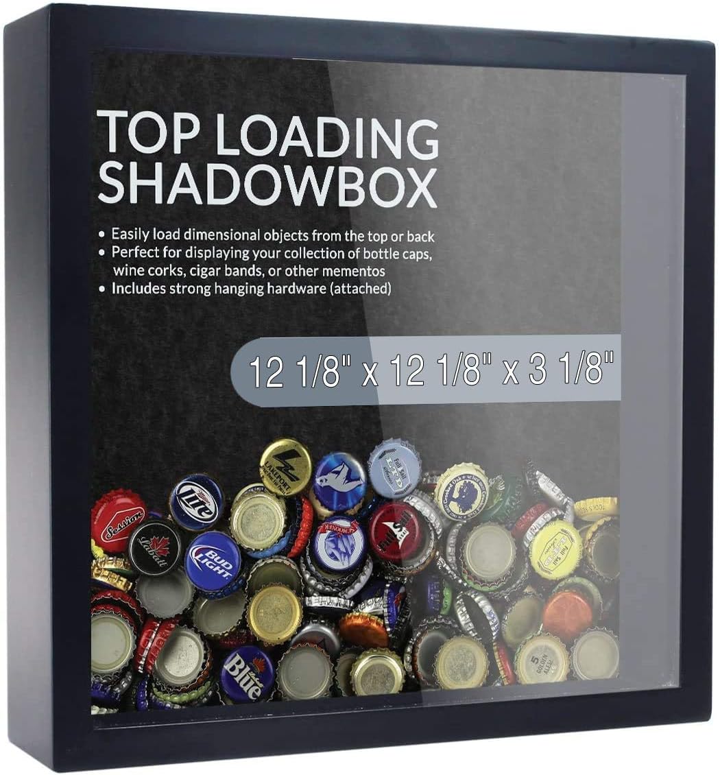 Blank Top Loading Shadow Box 12 1/8" x 12 1/8" x 3 1/8" (External) 11 5/8" x 11 5/8" x 2 1/2" (Internal) Scrapbook, Wall Hanging Easy to Use Box Display Frame. Wine Cork Box, Beer Caps, Ticket Stubs