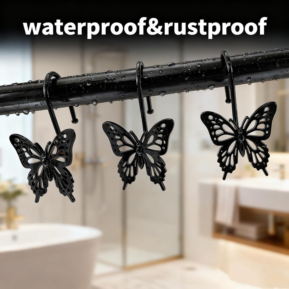 12PCS Decorative Shower Curtain Hooks, Metal Shower Curtain Rings, Rustproof Shower Curtain Hanger for Bathroom, Elegant Butterfly Design (Black)