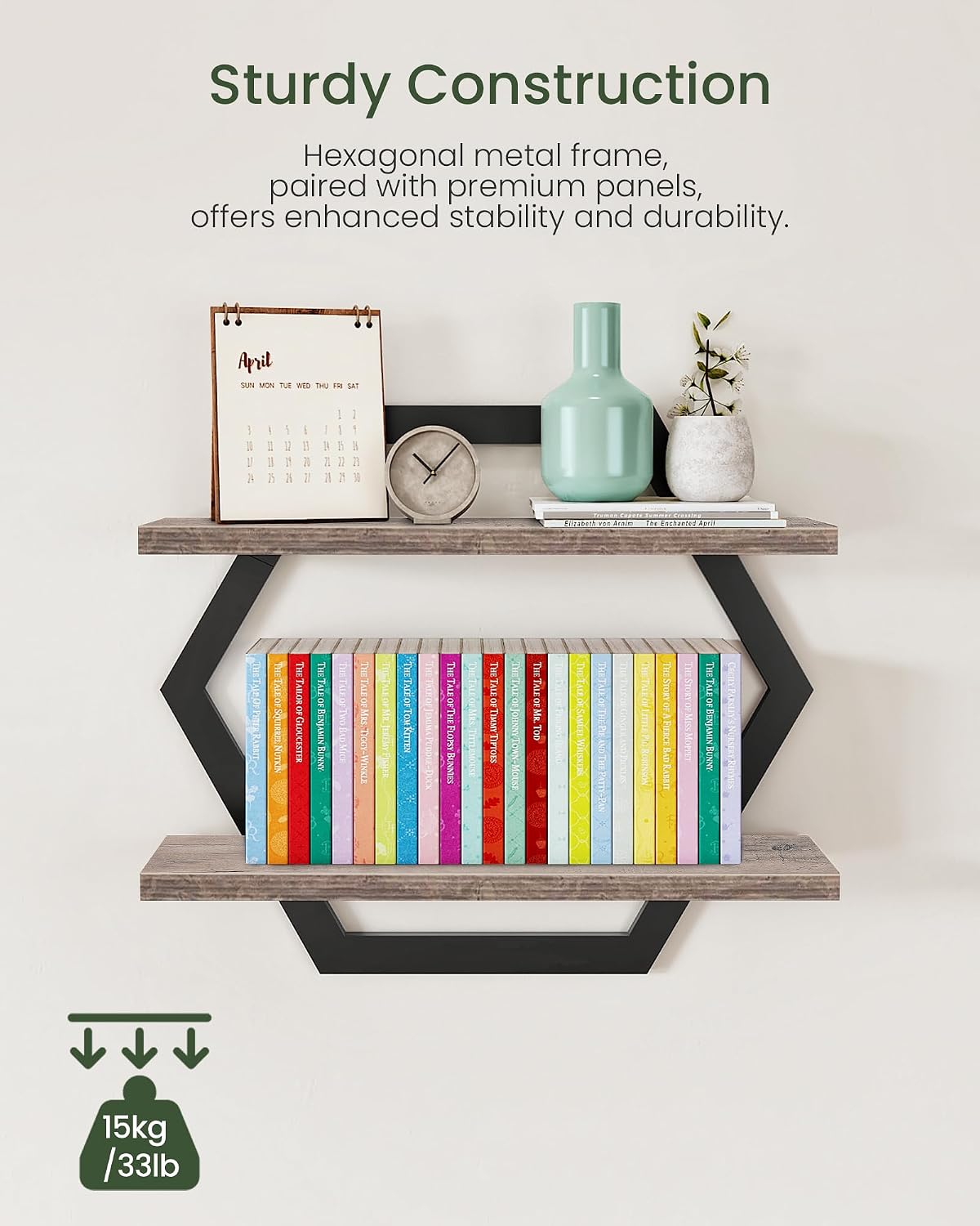 CHOEZON Hexagon Floating Shelves for Wall, Set of 2, 2 -Tier Hanging Shelves, Wall Mounted Storage Shelves, for Living Room, Bedroom, Kitchen, Home Office, Study, Greige TBJ06P2BG