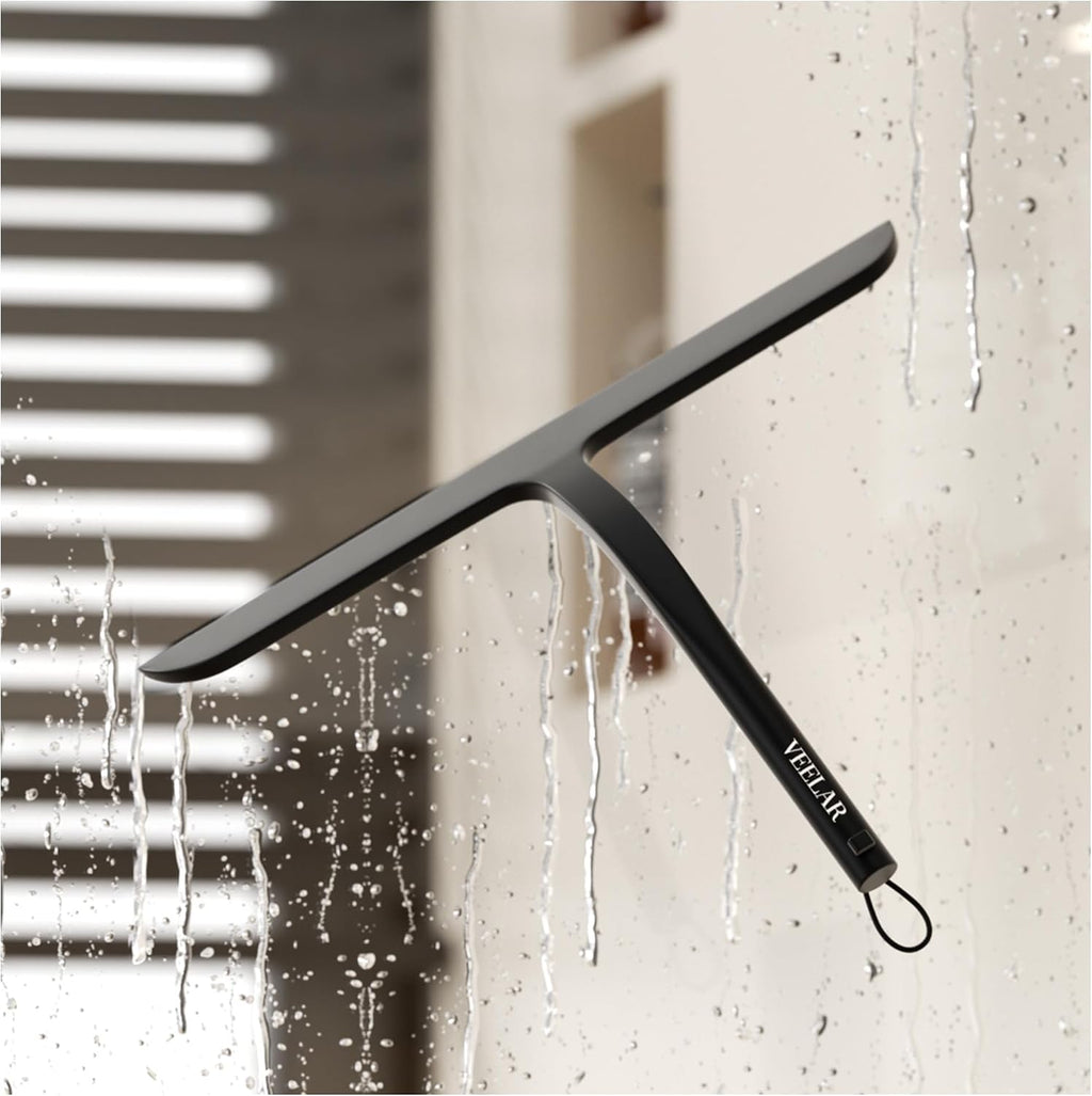 Shower Squeegee for Shower Glass, Bathroom Glass Cleaning Tool with Hook Mount, Squeegee for Glass Doors, Window Cleaning, Tile Shower Walls (Black)