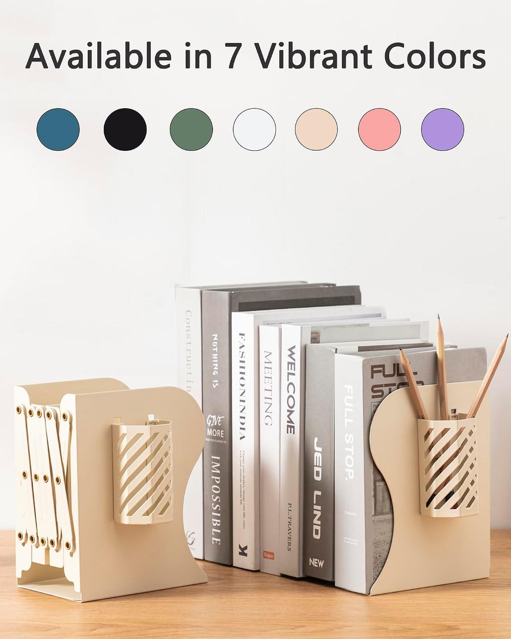 Kingsmile Book Ends, Adjustable Heavy Duty Metal Book Stoppers with Pen Holder for Desk Office Library Kids Room(Light Beige)