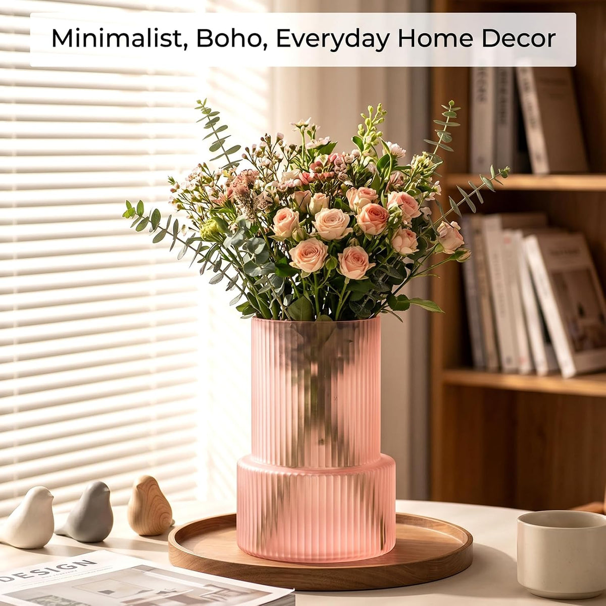 Pink Ribbed Glass Vase, Modern Decorative Flower Vase