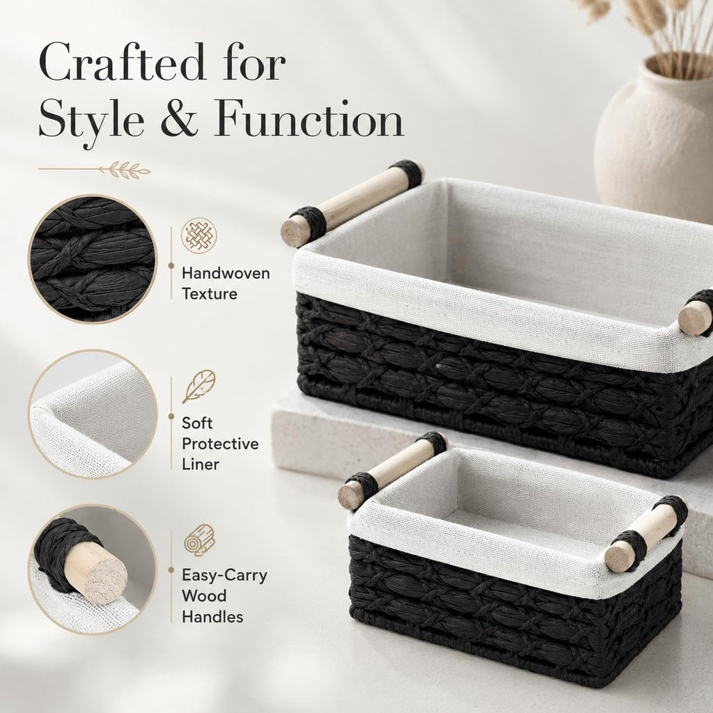 Black Bathroom Baskets Set of 2, Paper Rope, Wood Handles