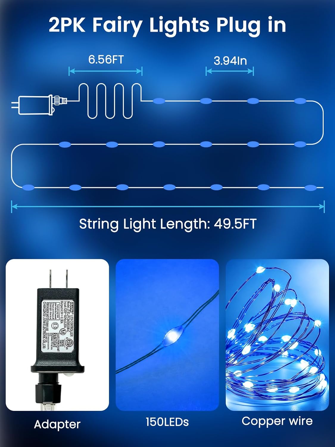EEW 2 Pack Fairy Lights Plug in 99 FT 300 LED Christmas String Lights Blue