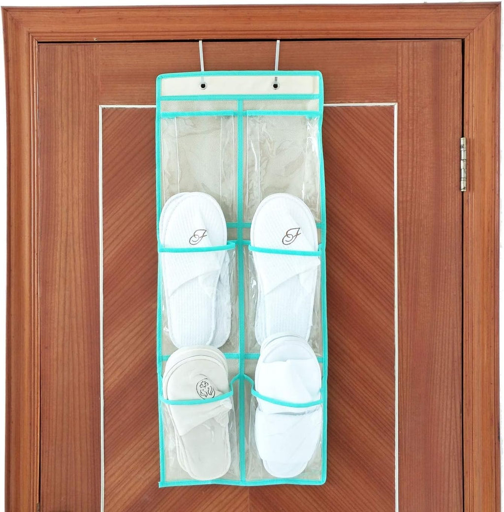 Over The Door Hanging Shoe Organizer Narrow Closet Door Shoe Storage 6 Large Clear Pockets Chart 2 Pack (BEIGE)