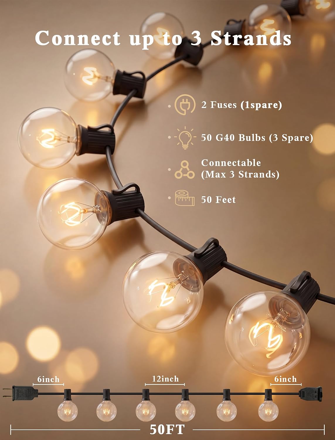 Abeja 50FT G40 Globe String Lights, Outdoor Patio Lights
