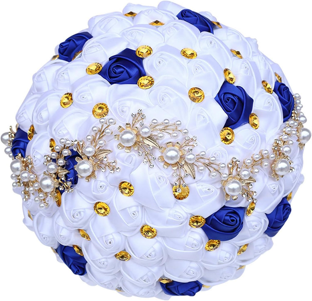 Bridal Wedding Bouquet with Golden Rhinestone Brooch Bouquet for Bride Bridesmaid Quinceanera Satin Rose Flower Bouquet Wedding Royal Blue and White 7.1in