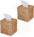 Set of 2 Water Hyacinth Handwoven Tissue Box Cover, Natural Handmade Wicker Napkin Box Holder, Handcrafted Square Facial Tissue, Rustic Decorative on Table and Bathroom, Office, Boho Decorative
