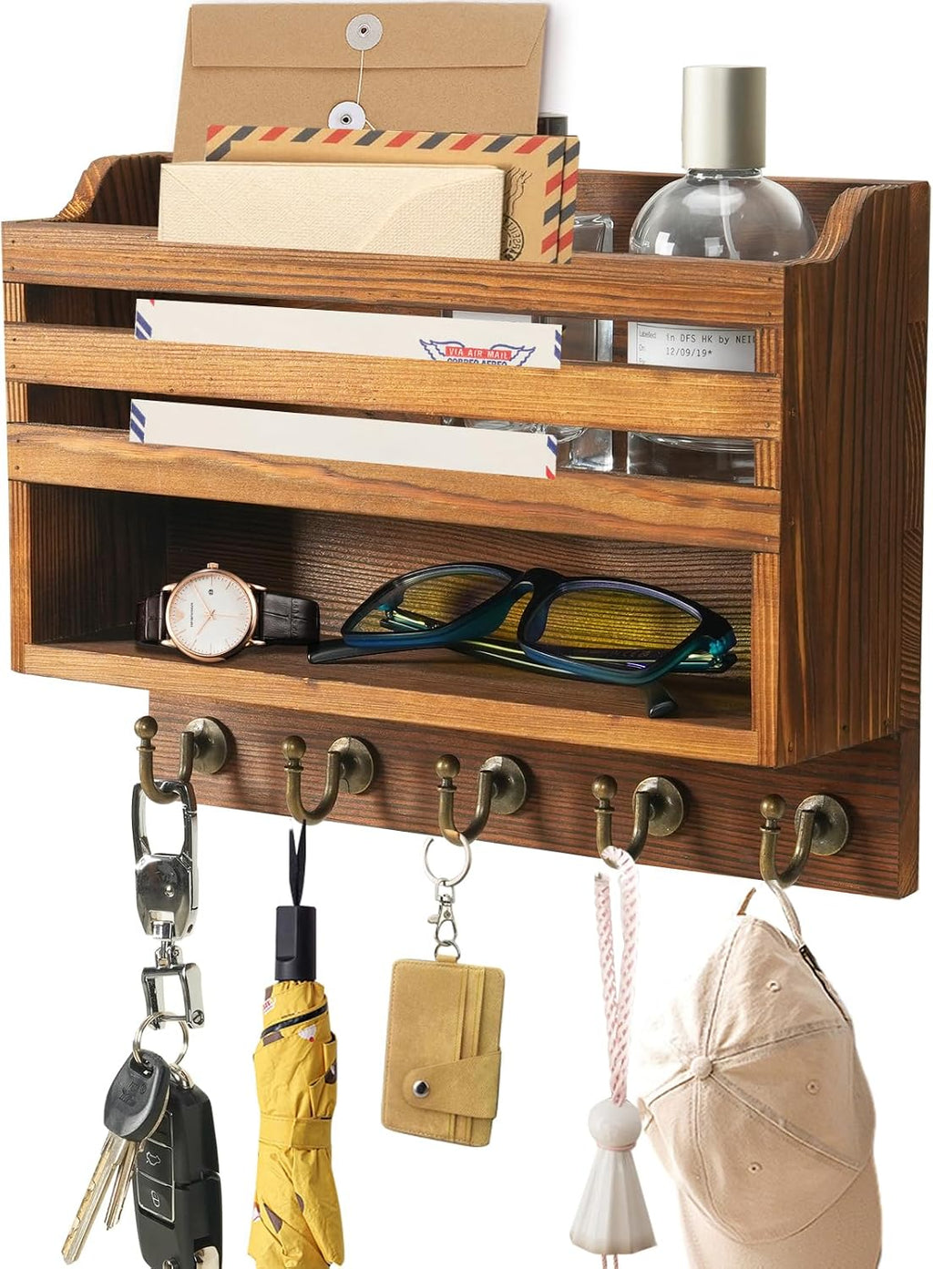 Key Holder Wall Mount with Mail Organizer, 5 Key Hooks, Brown