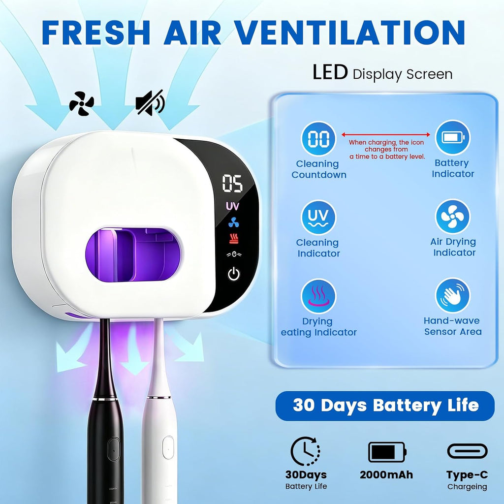 Toothbrush Holder for Bathroom, Infrared Sensing Toothbrush Cleaner with 2 Slots for Most Toothbrush Sizes, Wall Mounted Tooth Brush Holder with LED Smart Display & Hot Air Drying for Travel (White)