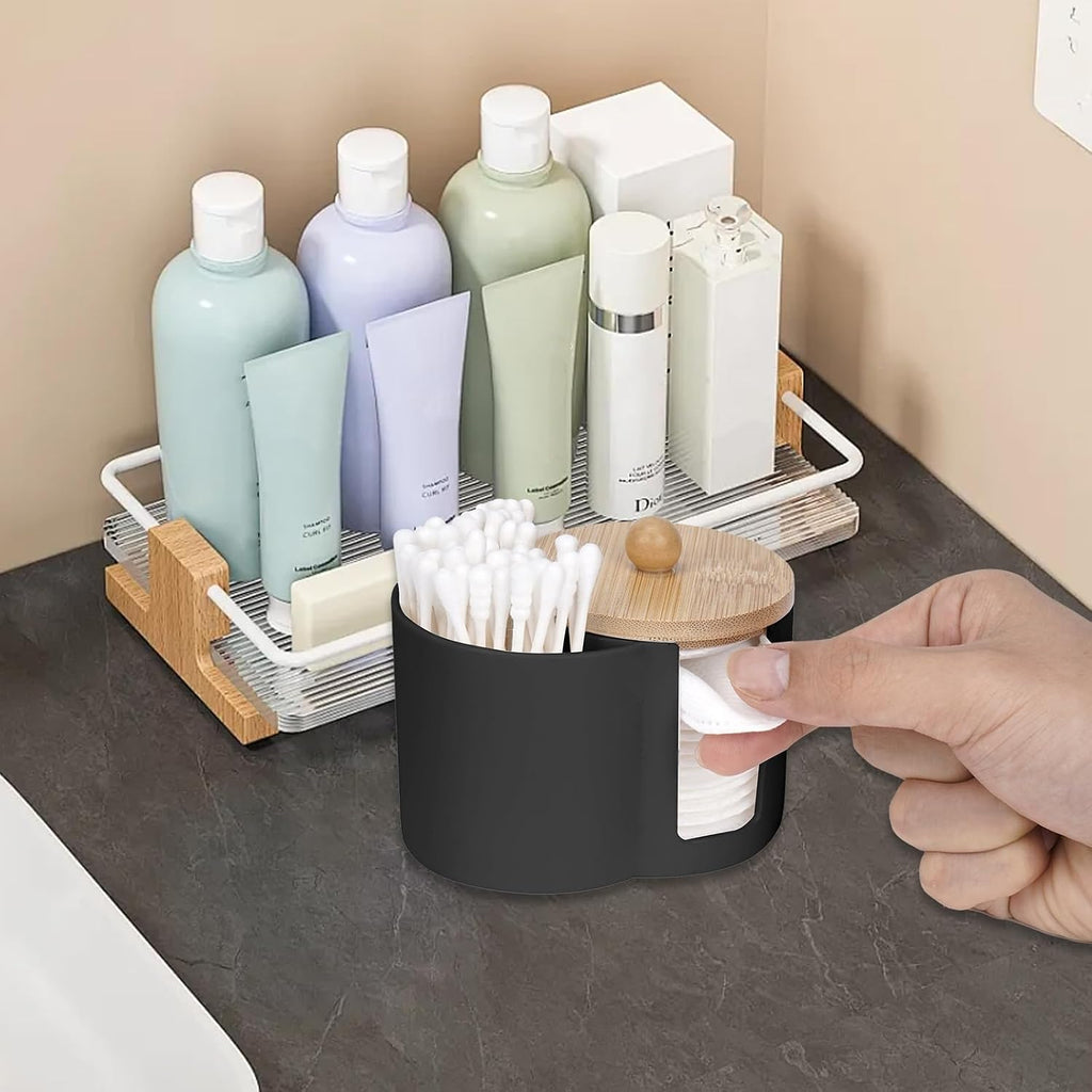Adorila Compact Cotton Pad & Swab Holder with Bamboo Lid, Black