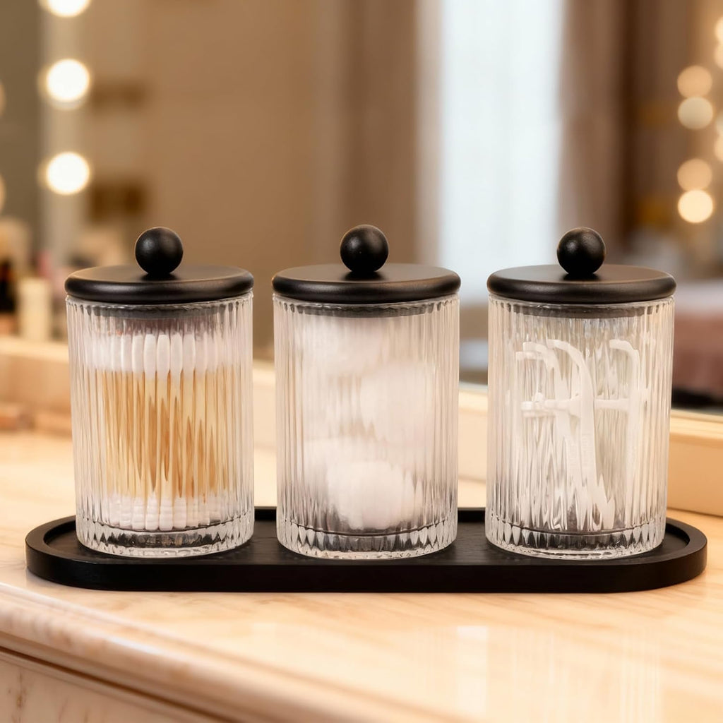 SheeChung 3 Pack Ribbed Glass Qtip Holder with Bamboo Tray & Metal Lids