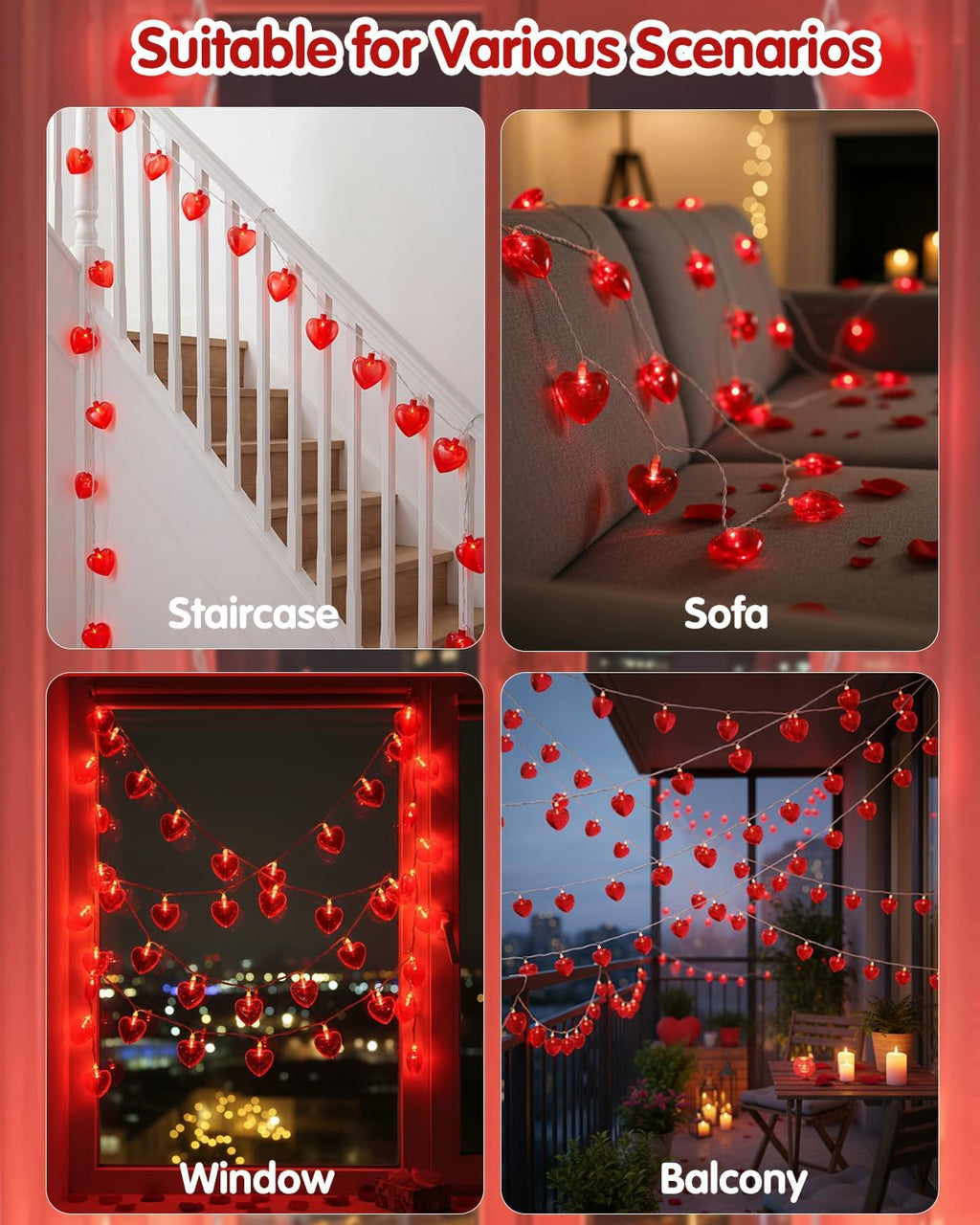 SUNSGNE 8.5Ft Red Heart String Lights, Valentines Lights with 10 LED Red Heart Bulbs for Valentine Mother's Day Wedding Anniversary Party Christmas Decor