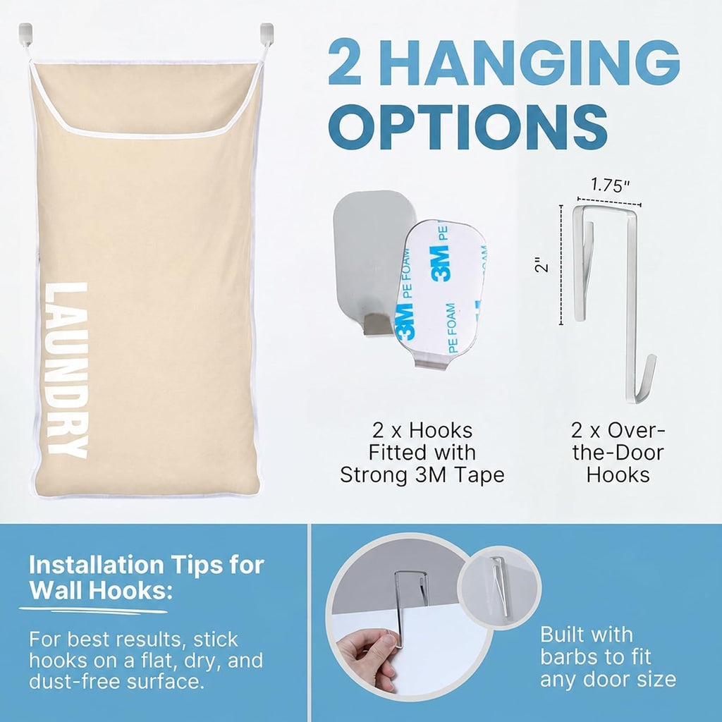 Hanging Laundry Hamper Bag,Space Saving over the Door Storage Bags – Behind the Door Hampers for Dirty Clothes, Wall Mounted Basket for Bathroom (Beige, 1-Pack)