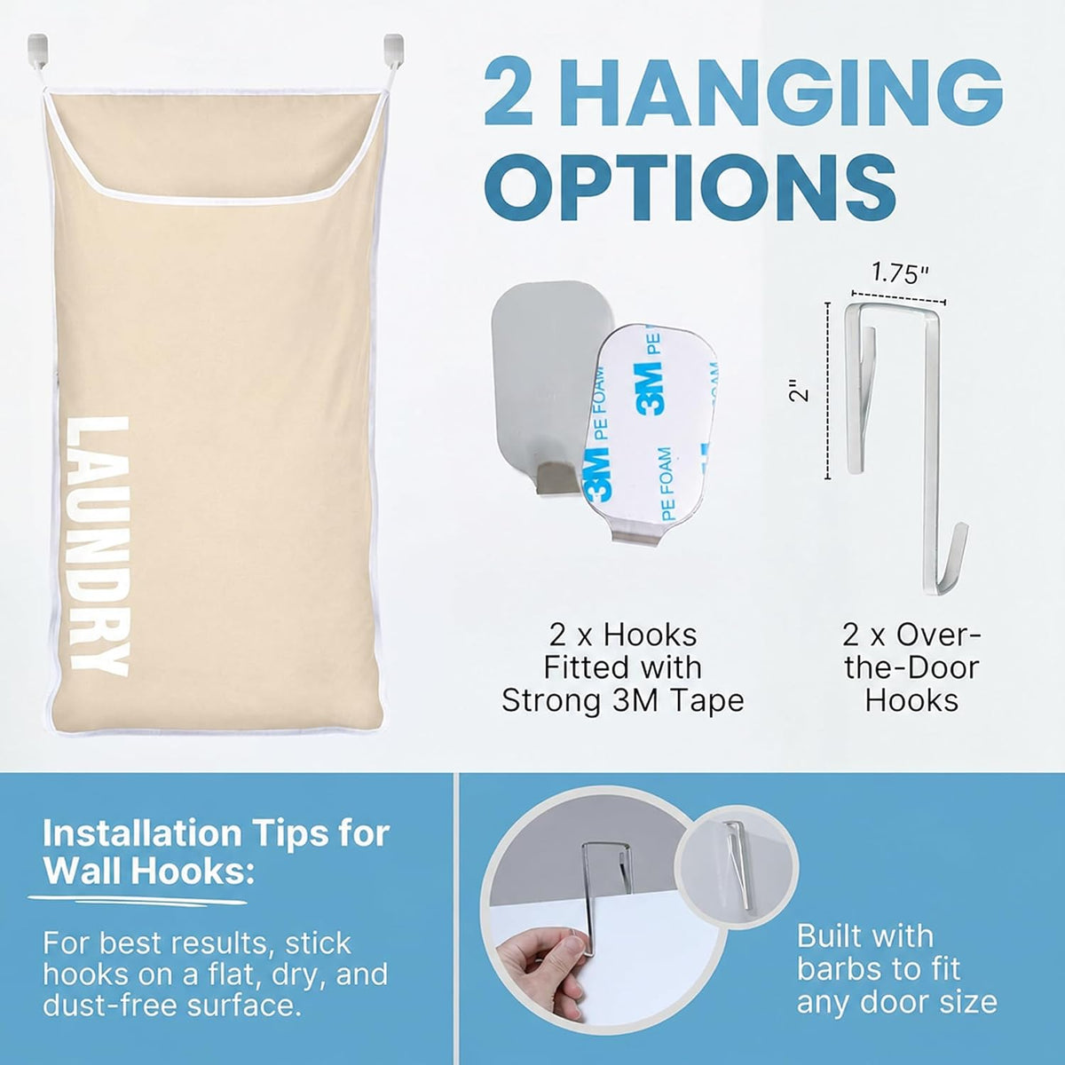 Hanging Laundry Hamper Bag,Space Saving over the Door Storage Bags – Behind the Door Hampers for Dirty Clothes, Wall Mounted Basket for Bathroom (Beige, 1-Pack)