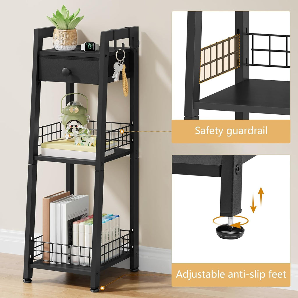 Gewudraw 3-Tier Narrow Bathroom Ladder Shelf with Storage Drawer, Black