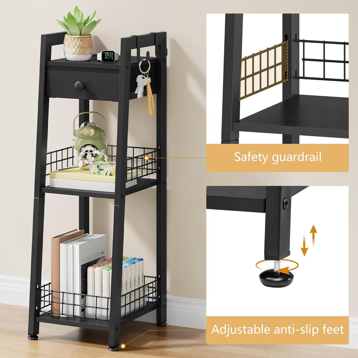 Gewudraw 3-Tier Narrow Bathroom Ladder Shelf with Storage Drawer, Black