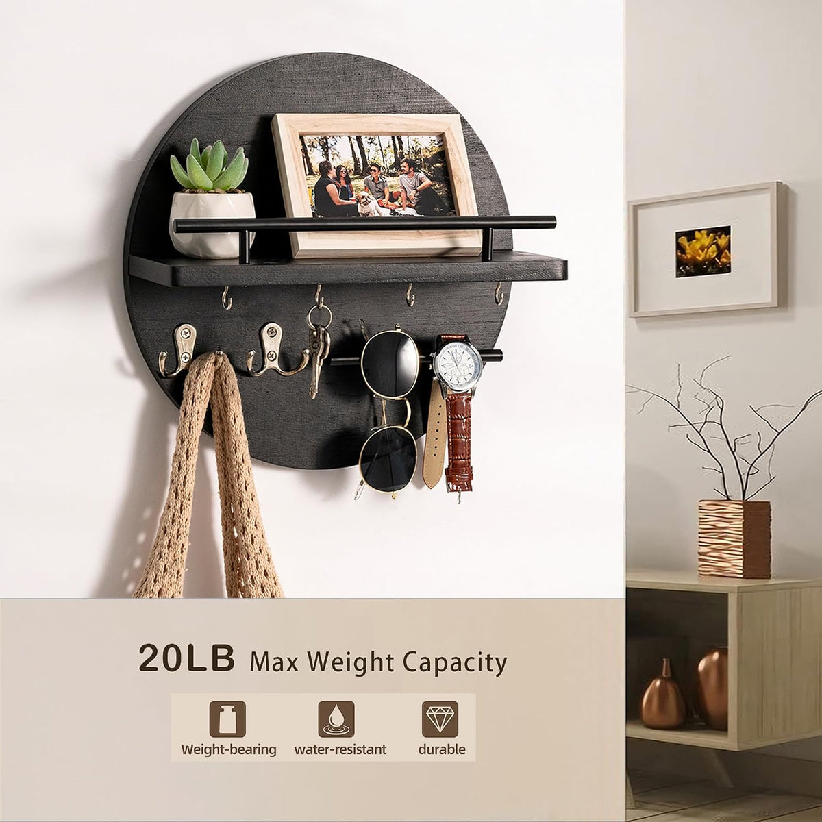 Key Holder Wall Mount with Shelf and Hooks, Mail Organizer for Wall, Black