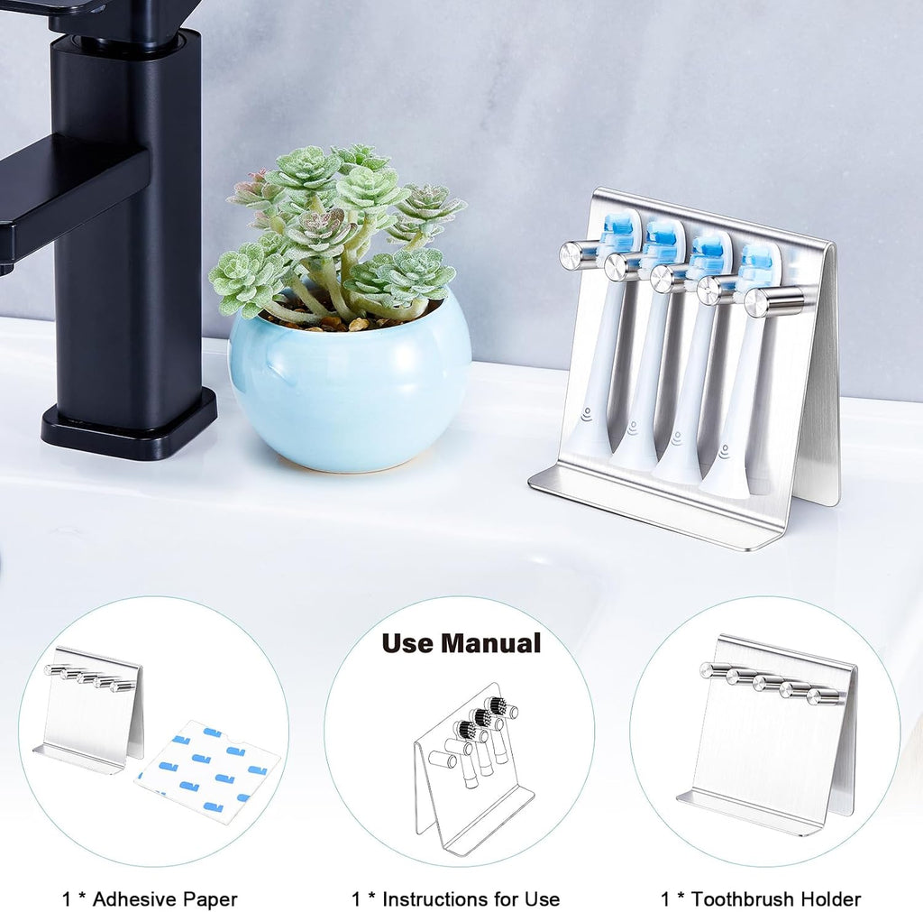 Electric Toothbrush Head Holder, Self Adhesive or Desktop Tooth Brushing Holder, Wall Mounted Toothbrush Holders Shower Bathroom, Tooth Brush Holder Organiser (Silver, Medium)