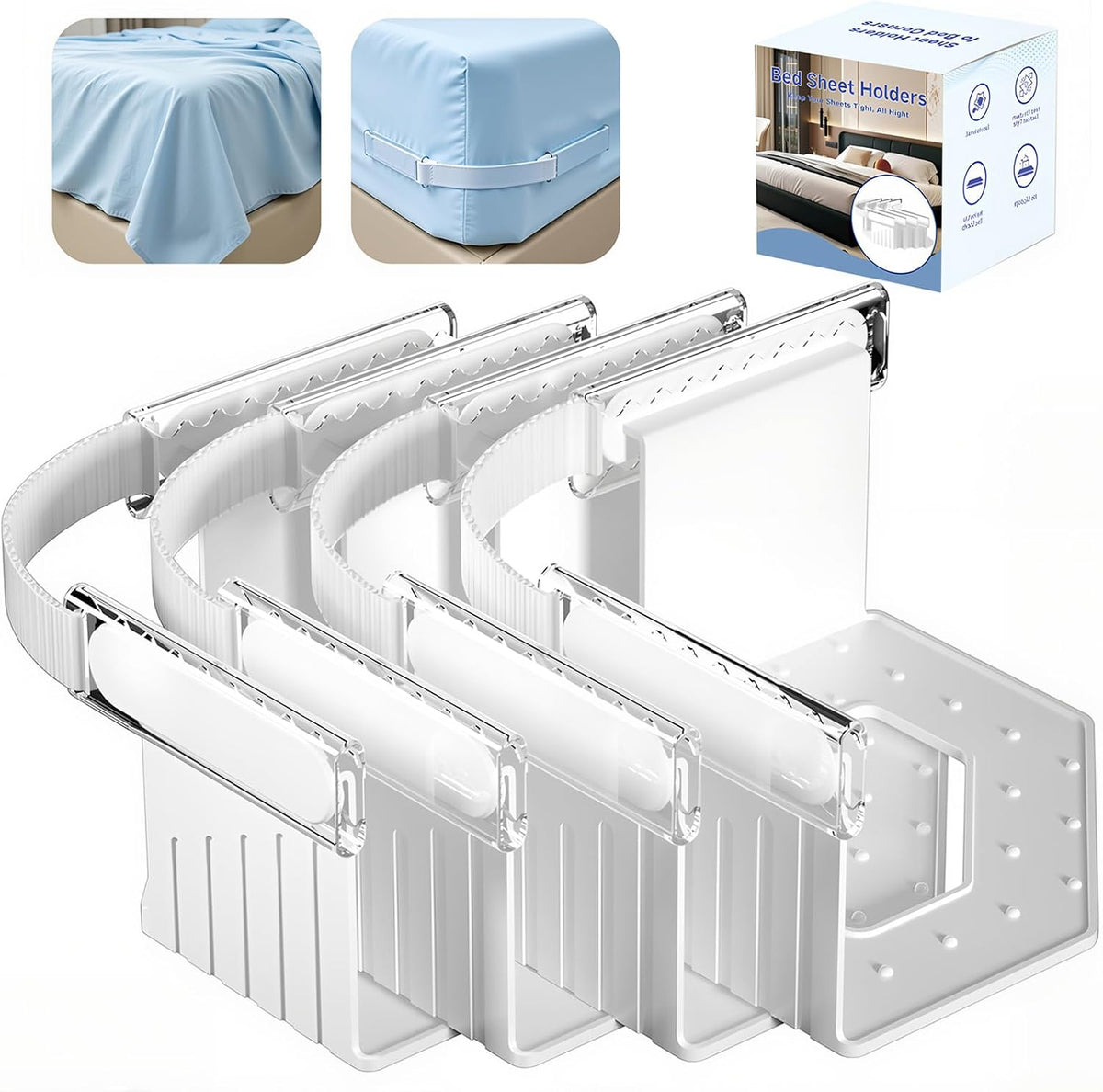 Bed Sheet Holders for Corners with Elastic Lock Straps for Mattress Sizes