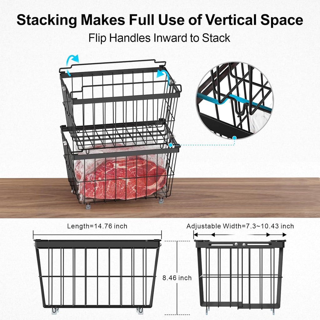 Freezer Organizer Bins - 3 Pack Adjustable Width for 5 to 7 Cu Ft Chest Freezers, Extra Height Stackable Freezer Wire Storage Baskets for Deep Freezer Organization, Black