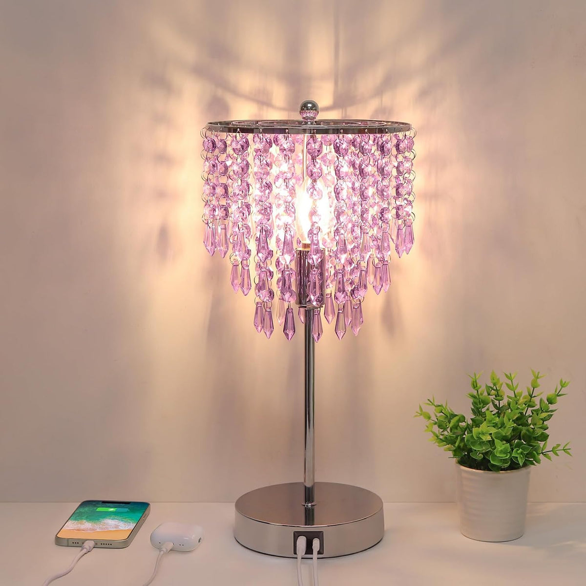 USB Bedside Crystal Lamp, 3 Way Dimmable Touch Nightstand Lamp with USB C+A Charging Ports, Lavender Table Lamps Decorative Accent Lamps Silver for Bedroom, Living Room, Office, B11 LED Bulb Included