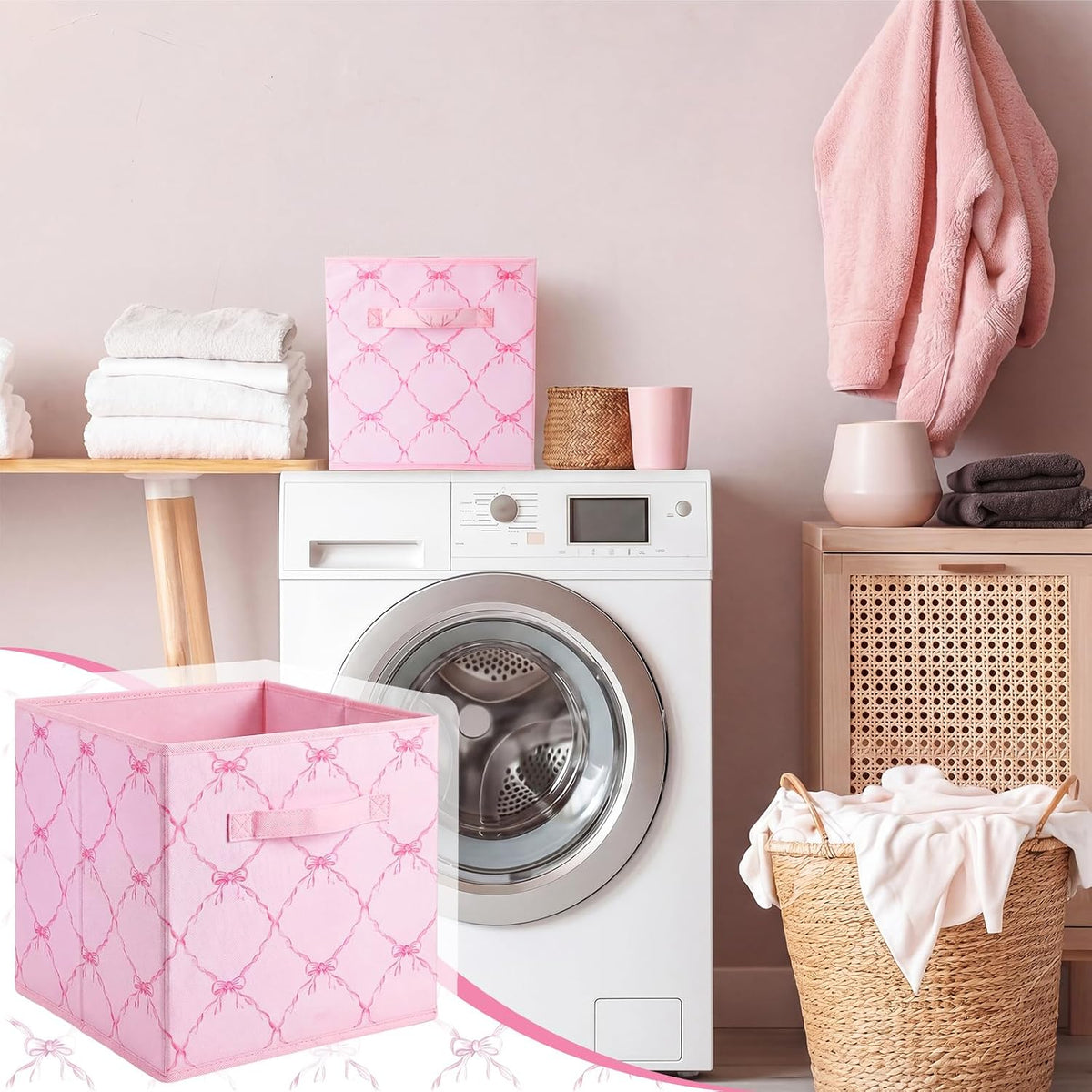 Geelin 6 Pcs Pink and Pink Bow Cube Storage Bins 11 Inch Storage Basket