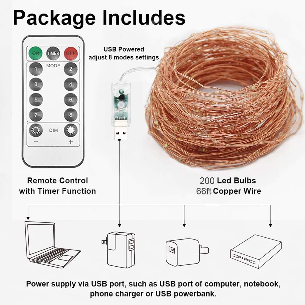 Twinkle Star 200 LED 66 FT Copper String Lights, Warm White (Pack of 3)