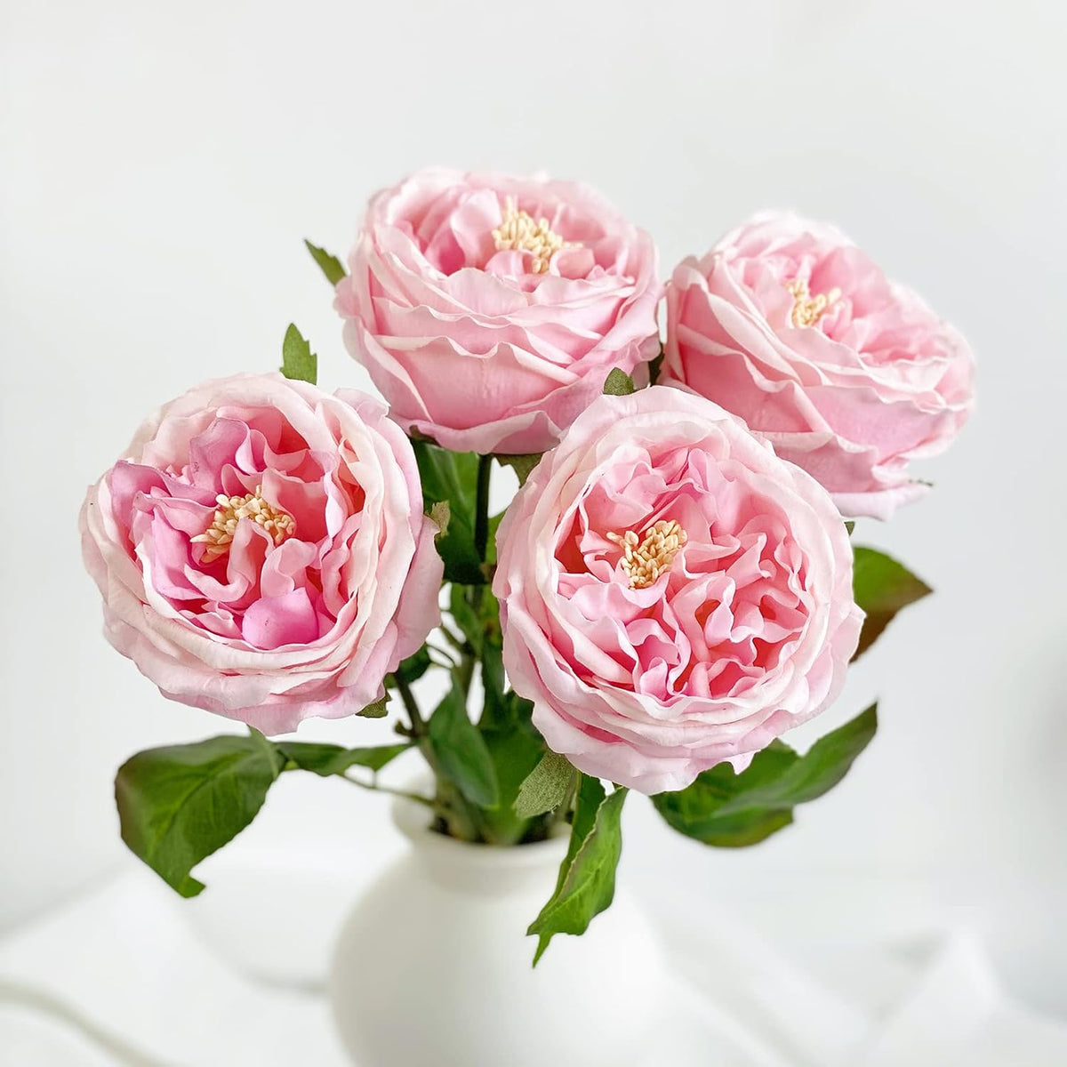 YalzoneMet 3.5'' Big Bloom Rose Artificial Flowers Light Pink 4Pcs Real Touch Rose Faux 17.7 Inch Long Stem Austen Roses Peonies Fake Flowers for Home Kitchen Party Christmas Flower Wedding Decor